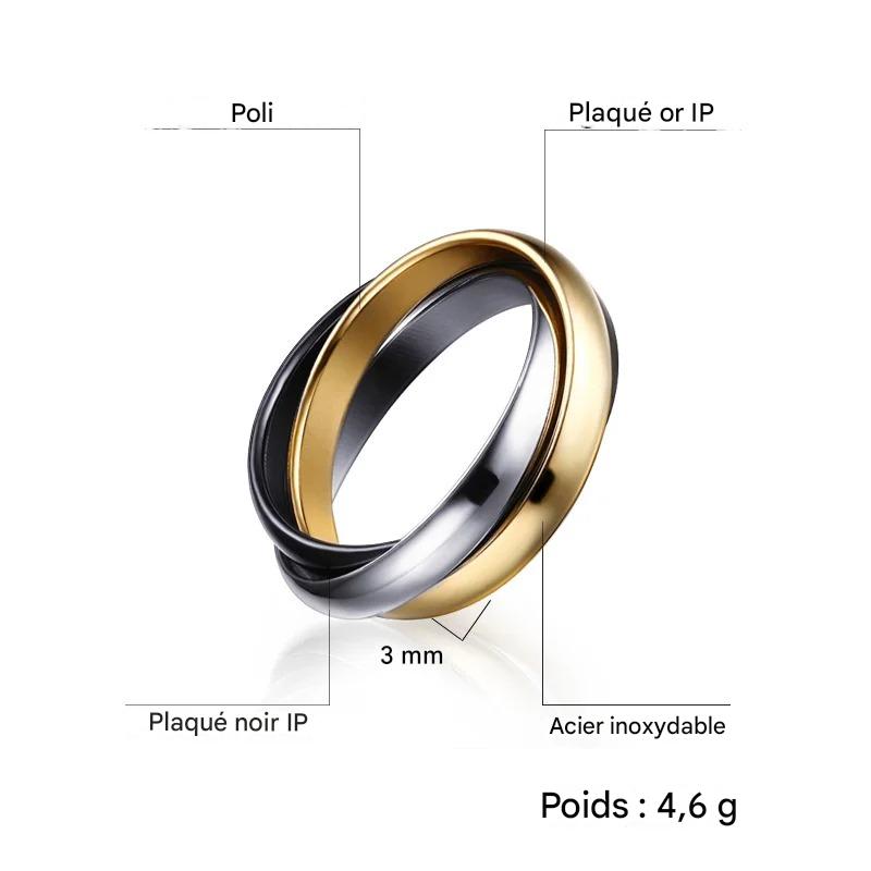 Bague Triple Anneaux Entrelacés pour Femme – Acier Inoxydable Multicolore – Alliance Élégante Trois-en-Un