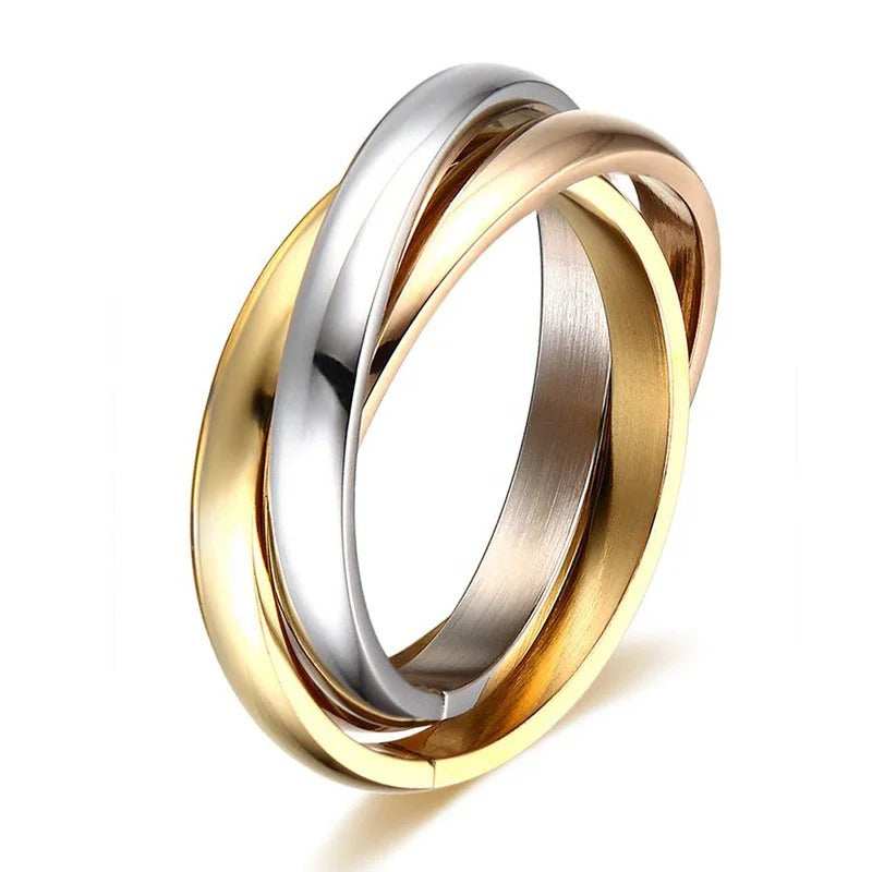 Bague Triple Anneaux Entrelacés pour Femme – Acier Inoxydable Multicolore – Alliance Élégante Trois-en-Un