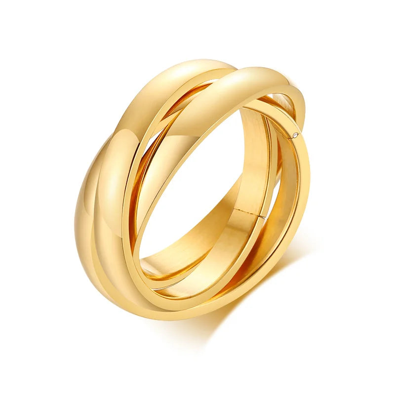 Bague Triple Anneaux Entrelacés pour Femme – Acier Inoxydable Multicolore – Alliance Élégante Trois-en-Un