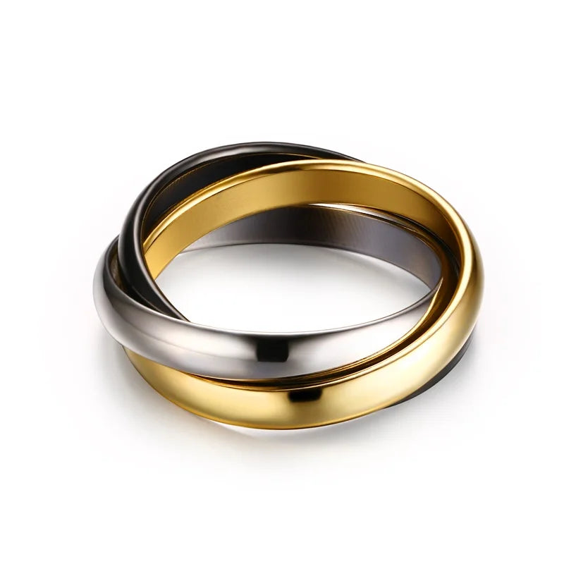 Bague Triple Anneaux Entrelacés pour Femme – Acier Inoxydable Multicolore – Alliance Élégante Trois-en-Un