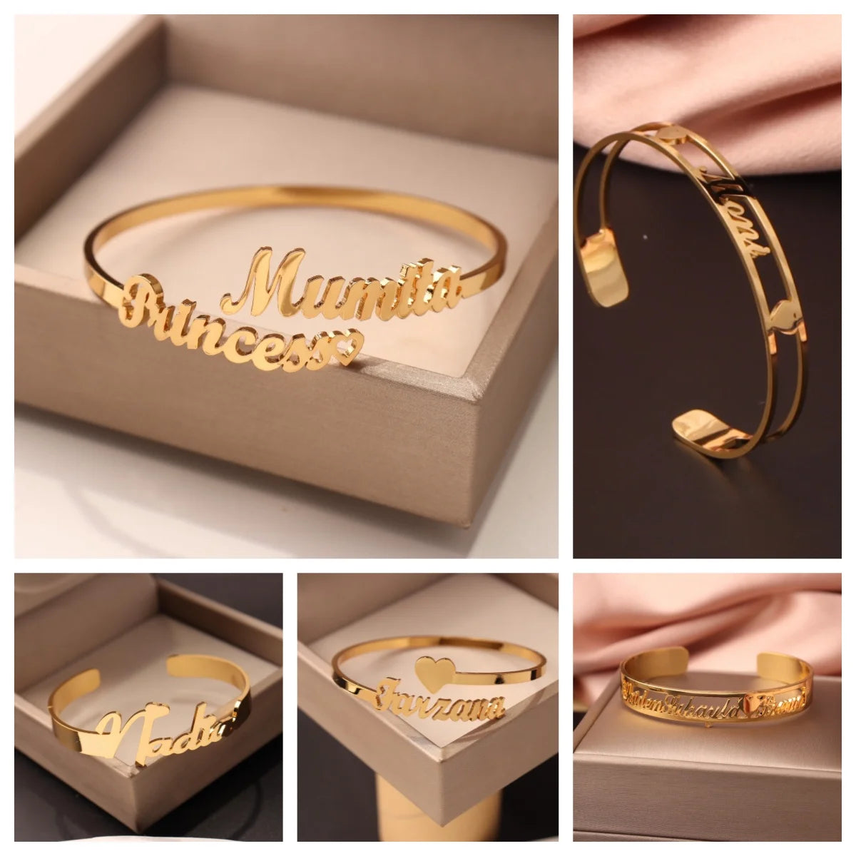 Bracelet Jonc Personnalisé avec Noms – Acier Inoxydable Ouvert – Bijou Femme/Couple – Cadeau de Noël Original