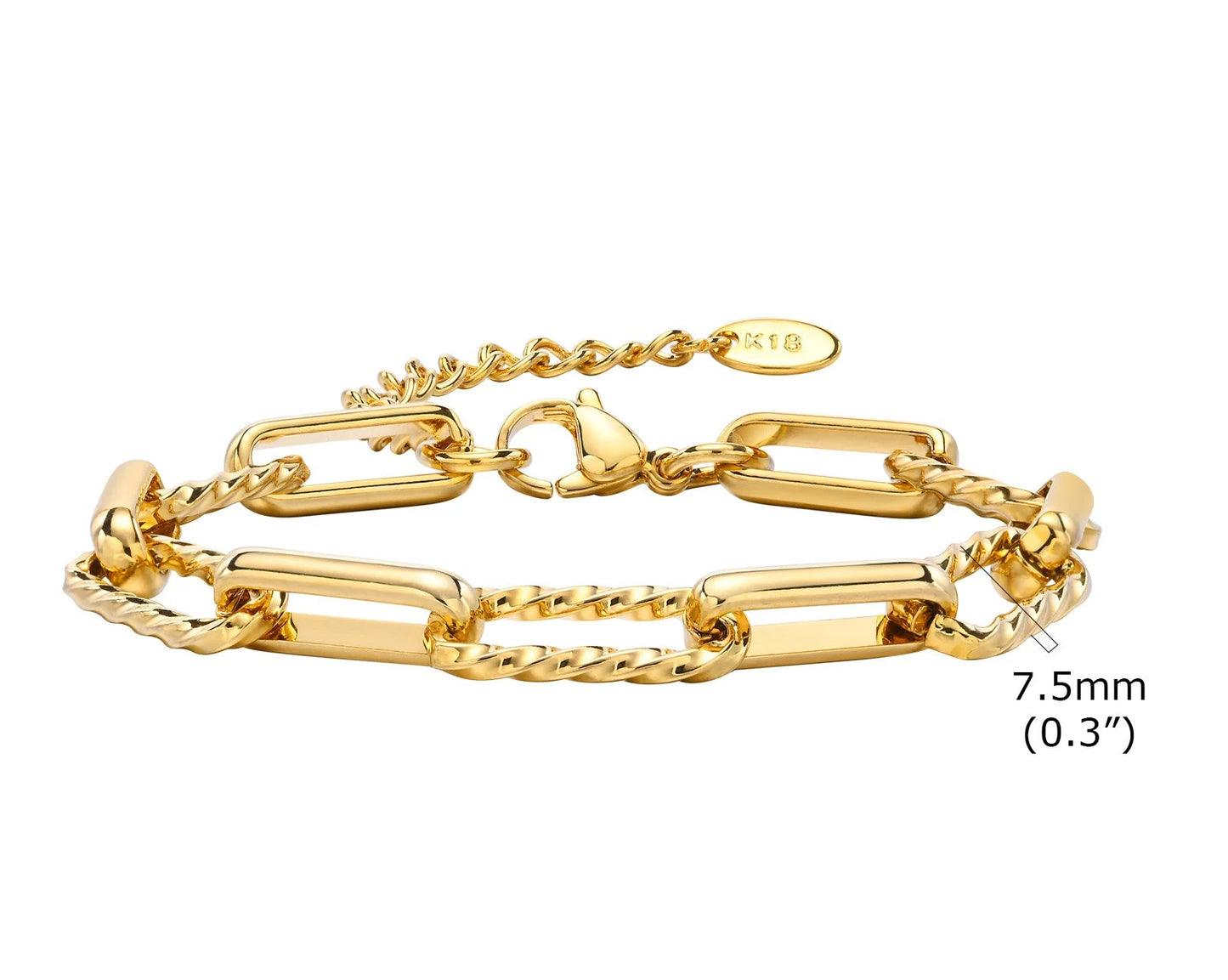 Bracelet Chaîne Femme en Acier Inoxydable – Maillons Torsadés Style Trombone Plaqué Or 18K – Bijou Ajustable, Empilable & Tendance