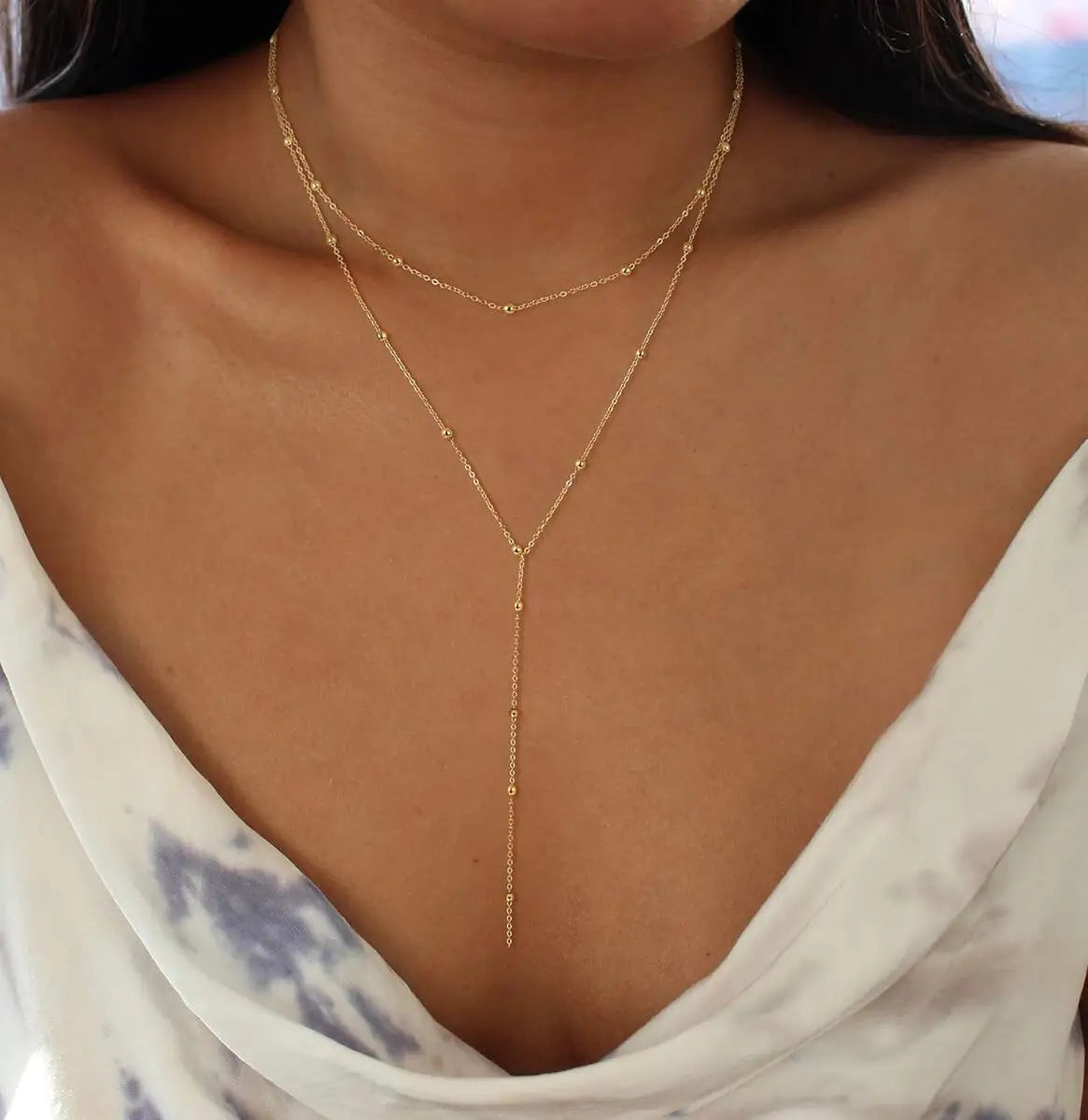 Collier Lariat en Acier Inoxydable Plaqué Or – Collier Long Fin Superposé pour Femmes et Filles, Pendentif Goutte en Y