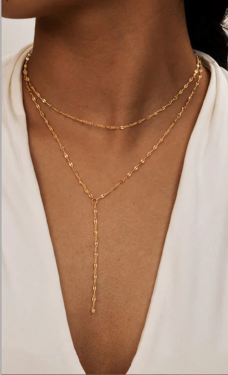Collier Lariat en Acier Inoxydable Plaqué Or – Collier Long Fin Superposé pour Femmes et Filles, Pendentif Goutte en Y