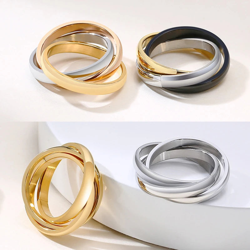 Bague Triple Anneaux Entrelacés pour Femme – Acier Inoxydable Multicolore – Alliance Élégante Trois-en-Un