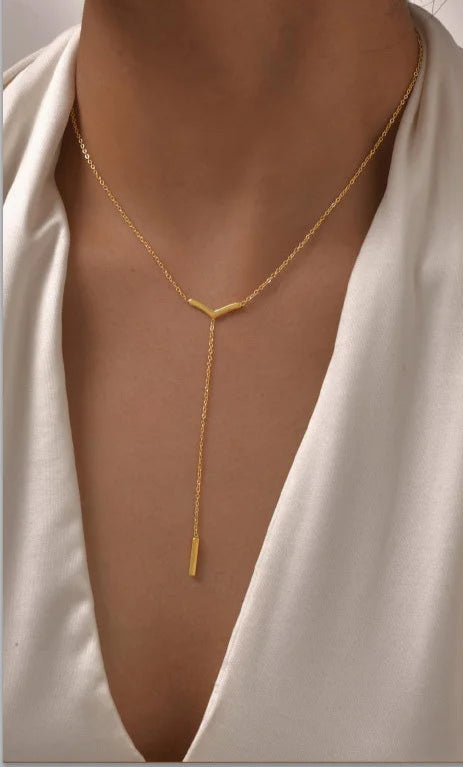 Collier Lariat en Acier Inoxydable Plaqué Or – Collier Long Fin Superposé pour Femmes et Filles, Pendentif Goutte en Y