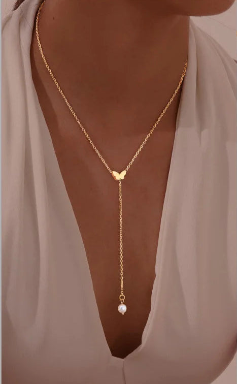 Collier Lariat en Acier Inoxydable Plaqué Or – Collier Long Fin Superposé pour Femmes et Filles, Pendentif Goutte en Y