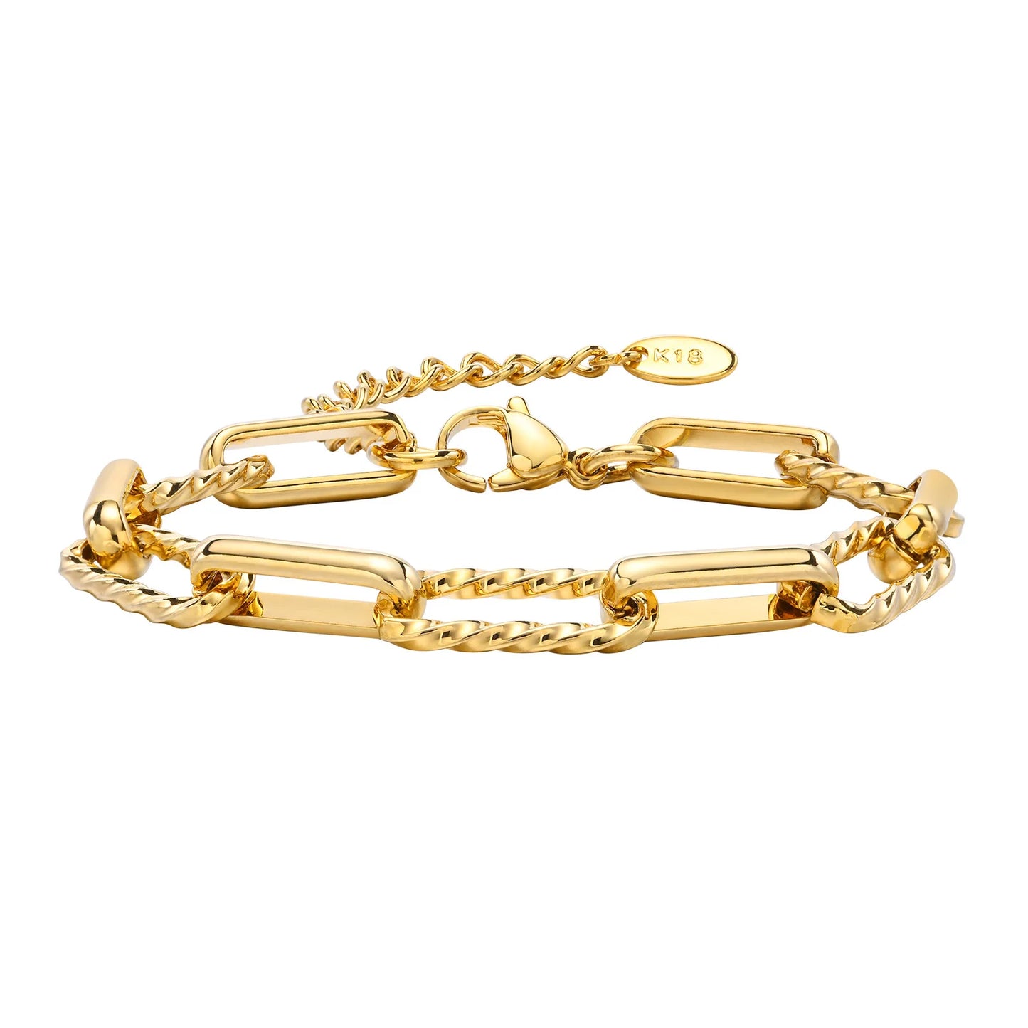 Bracelet Chaîne Femme en Acier Inoxydable – Maillons Torsadés Style Trombone Plaqué Or 18K – Bijou Ajustable, Empilable & Tendance