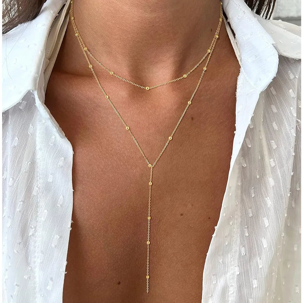 Collier Lariat en Acier Inoxydable Plaqué Or – Collier Long Fin Superposé pour Femmes et Filles, Pendentif Goutte en Y