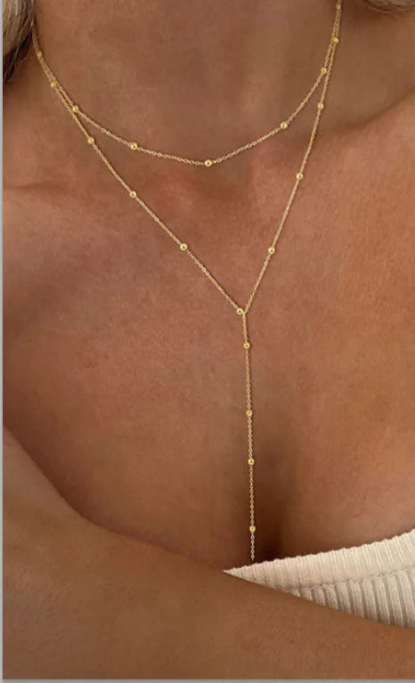 Collier Lariat en Acier Inoxydable Plaqué Or – Collier Long Fin Superposé pour Femmes et Filles, Pendentif Goutte en Y