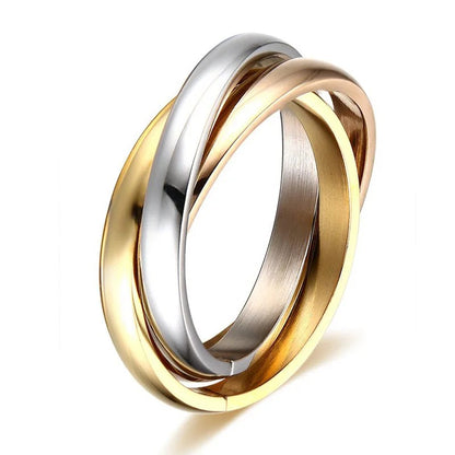 Bague Triple Anneaux Entrelacés pour Femme – Acier Inoxydable Multicolore – Alliance Élégante Trois-en-Un