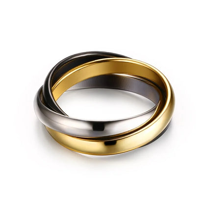 Bague Triple Anneaux Entrelacés pour Femme – Acier Inoxydable Multicolore – Alliance Élégante Trois-en-Un
