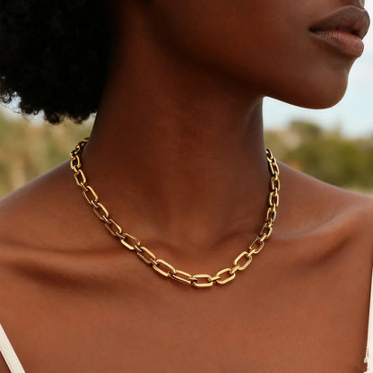 Collier Ras-du-Cou Femme à Maillons Épais – Chaine Ovale Plaquée Or en Acier Inoxydable – Bijou Minimaliste