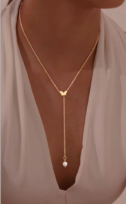 Collier Lariat en Acier Inoxydable Plaqué Or – Collier Long Fin Superposé pour Femmes et Filles, Pendentif Goutte en Y