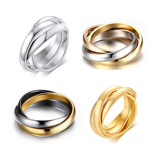 Bague Triple Anneaux Entrelacés pour Femme – Acier Inoxydable Multicolore – Alliance Élégante Trois-en-Un
