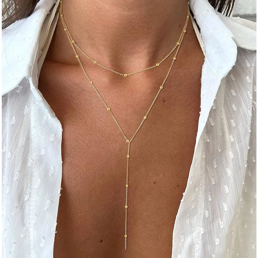 Collier Lariat en Acier Inoxydable Plaqué Or – Collier Long Fin Superposé pour Femmes et Filles, Pendentif Goutte en Y